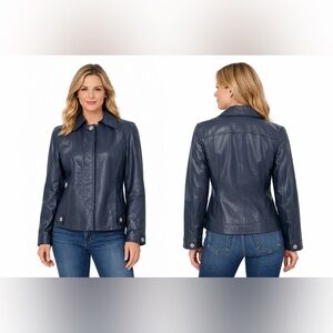 Ellen Tracy Elegant Navy Blue Genuine Leather Jacket Tailored Fit Classic Chic